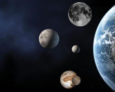 This illustration shows the size of dwarf planets compared to Earth and its moon (top). Eris is left center; Ceres is the small body to its right and Pluto and its moon Charon are at the bottom. Image: NASA.